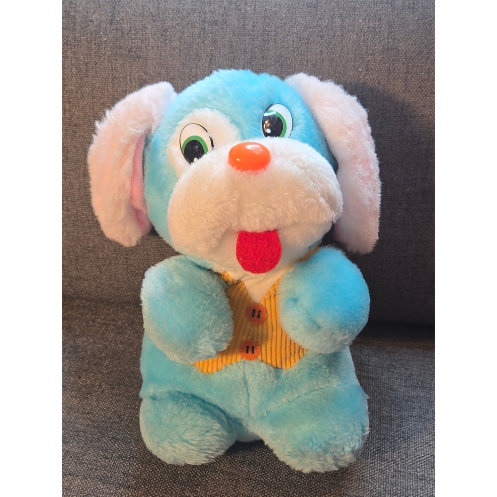 Vintage‎ Cuddle Wit Blue Puppy Dog Plush Pink Ears Yellow Vest 8 Inch